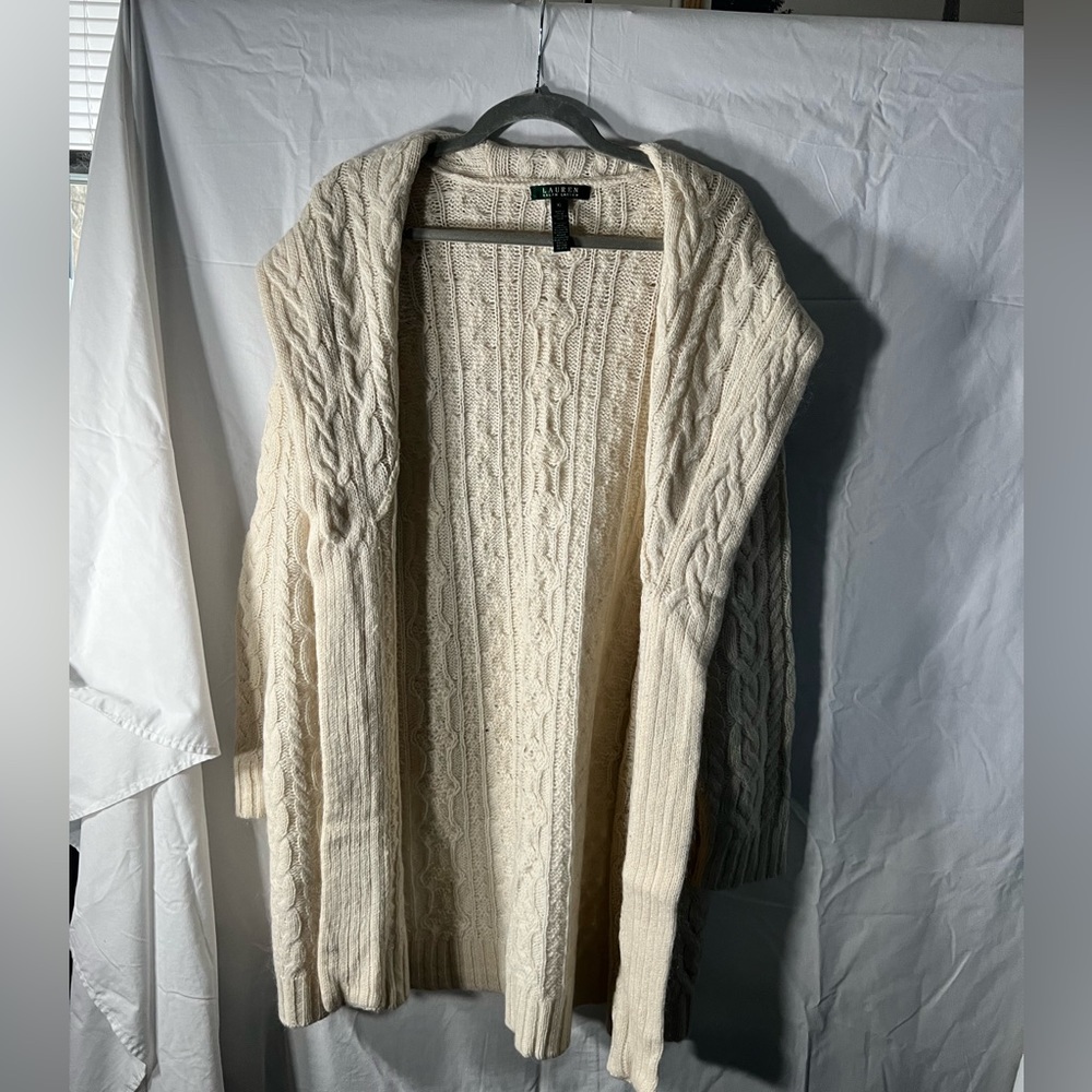 Wool/mohair cable knit longline cardigan by Lauren Ralph Lauren